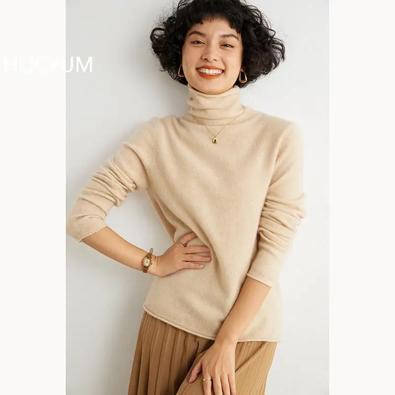 

Women's Cashmere Sweater High Neck Knitted Hoodie Solid Color Wool Jumper Spring/Autumn Casual Basic Top