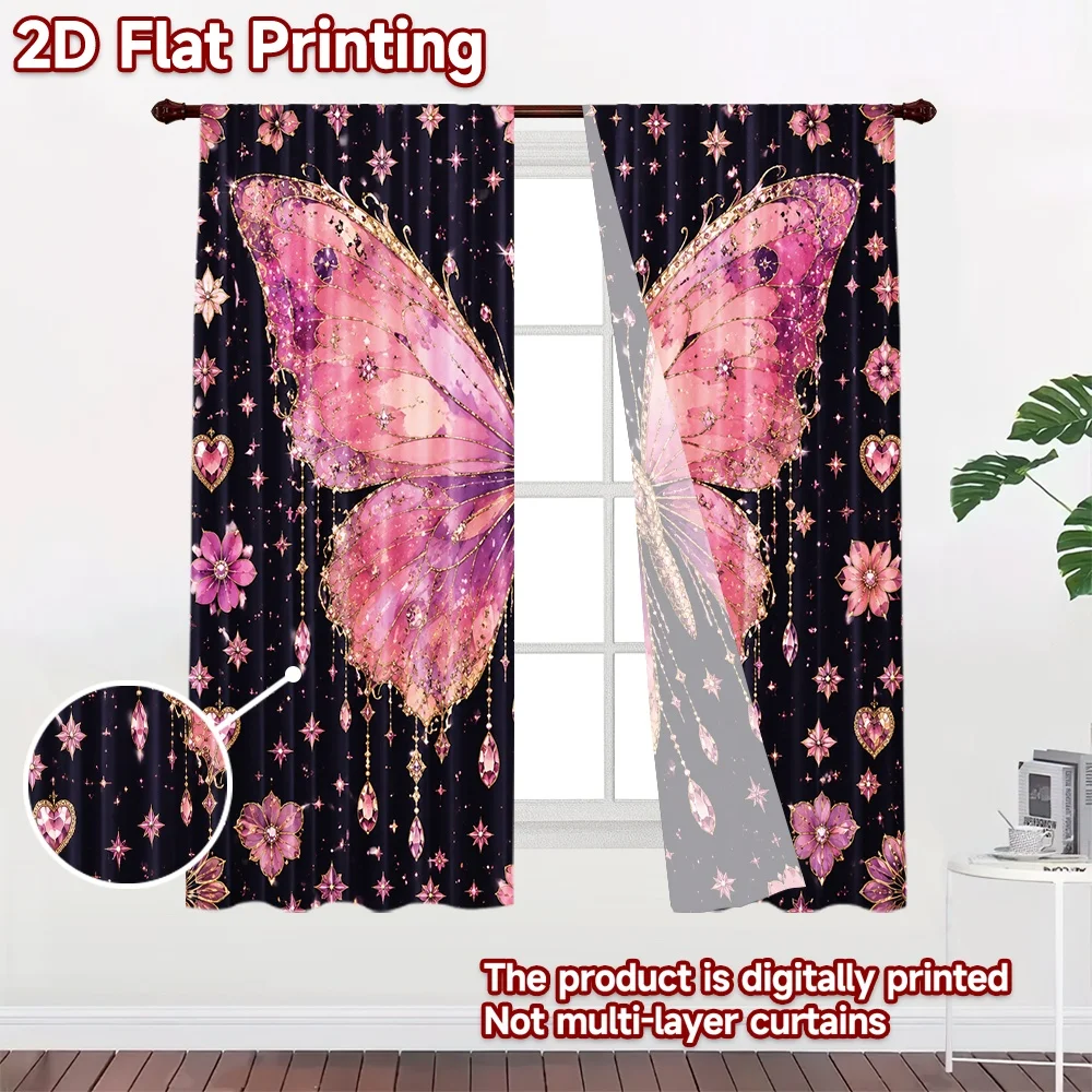 2D flat 2pcs Curtain Retro Country Style Curtains Pink Jeweled Butterfly Digitally printed polyester, colorfast Holiday
