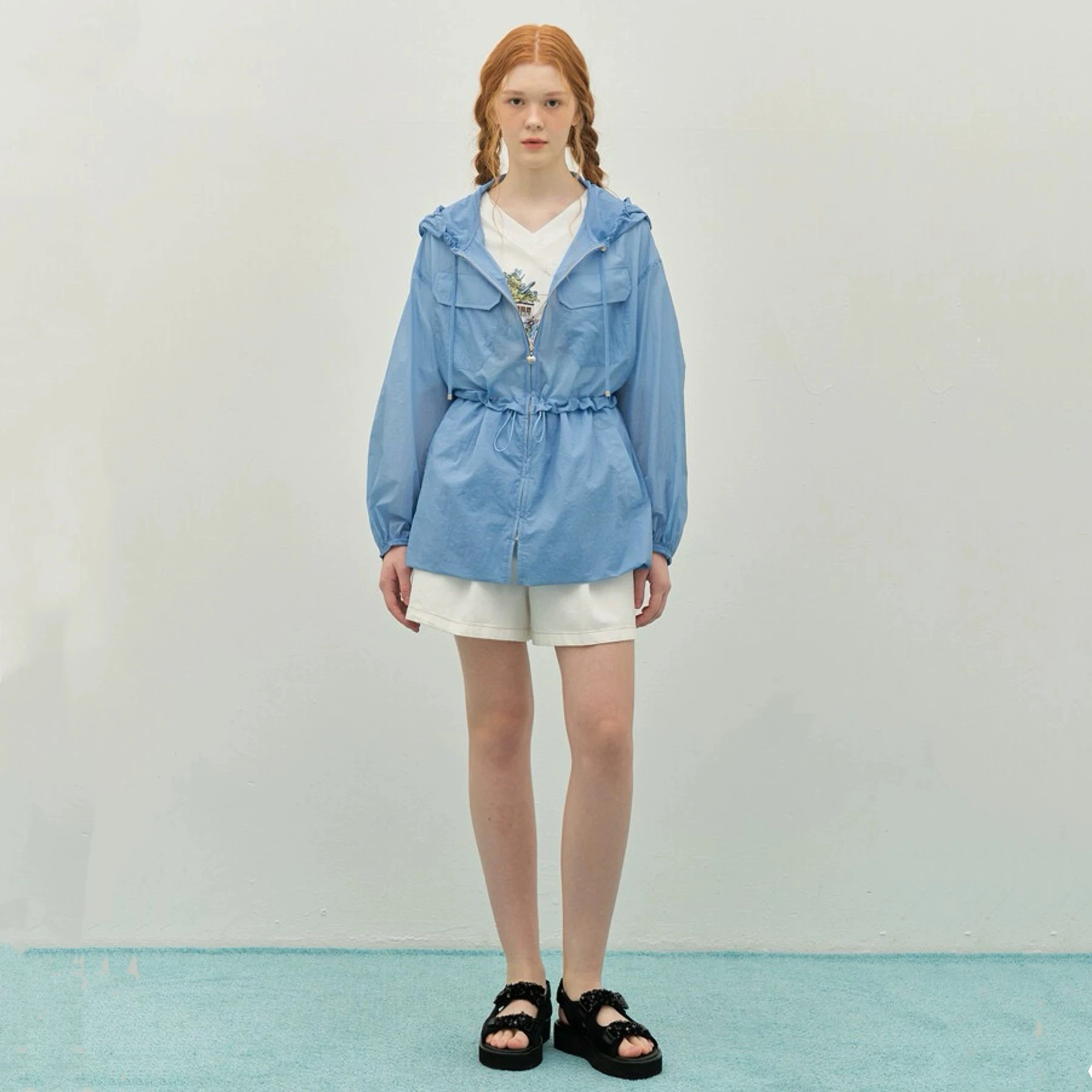 

Корейский одиночный корейский топ с эффектом похудения 0*2nd Home 25, летний повседневный универсальный топ с капюшоном и кулиской с мультяшным принтом