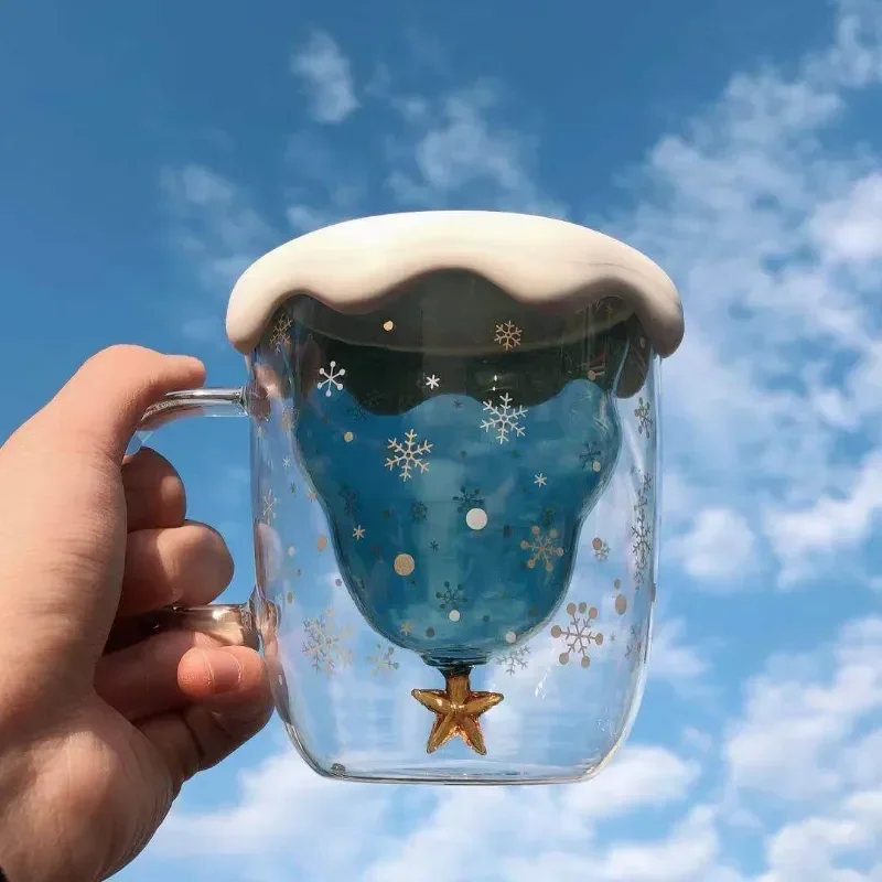 Tazza dell\'albero di natale tazza di vetro da montagna di neve tazza da caffè in vetro a doppia parete resistente al calore cartone animato regalo