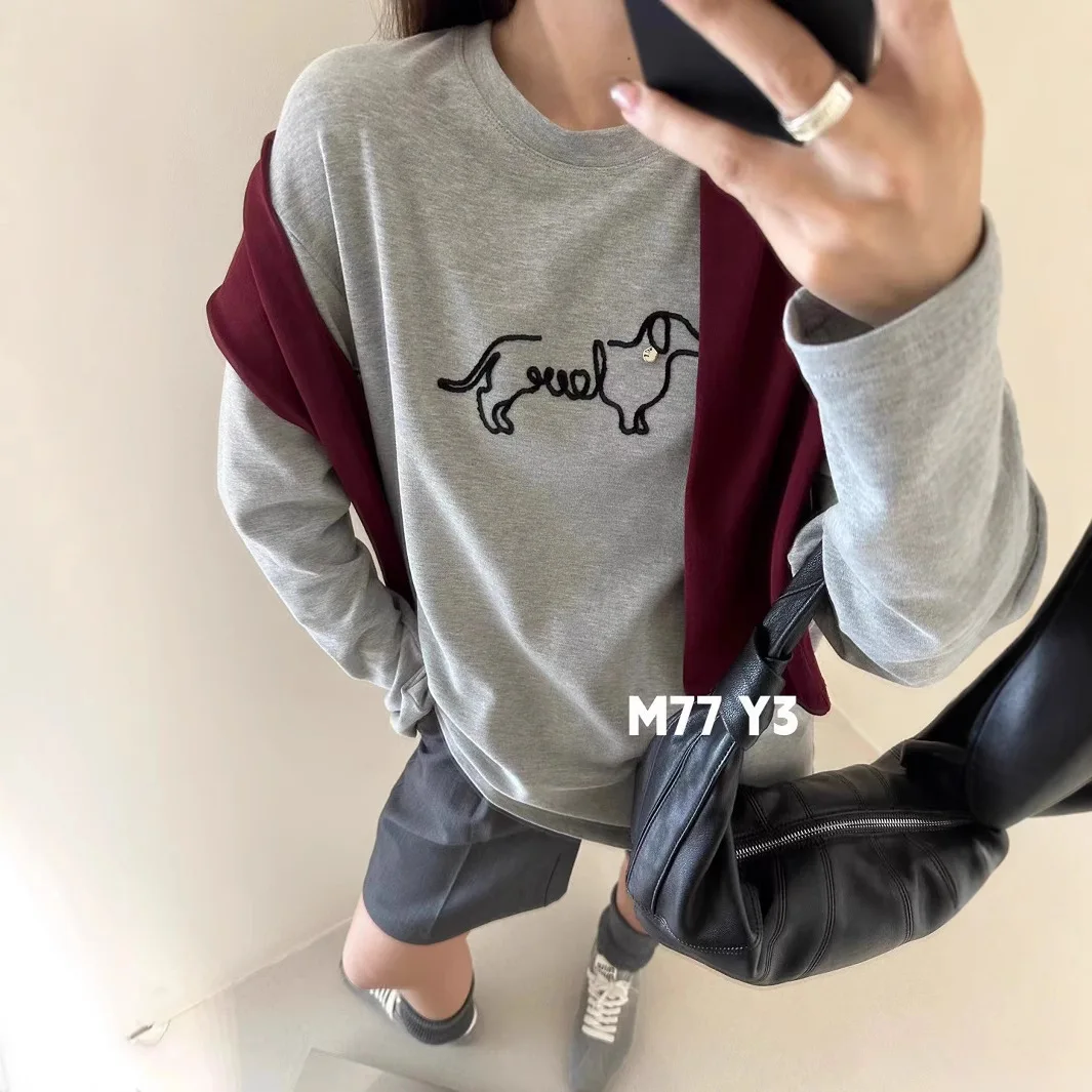 2024 Autumn Dog Embroidered Brushed Long Sleeve Base T-shirt For Women