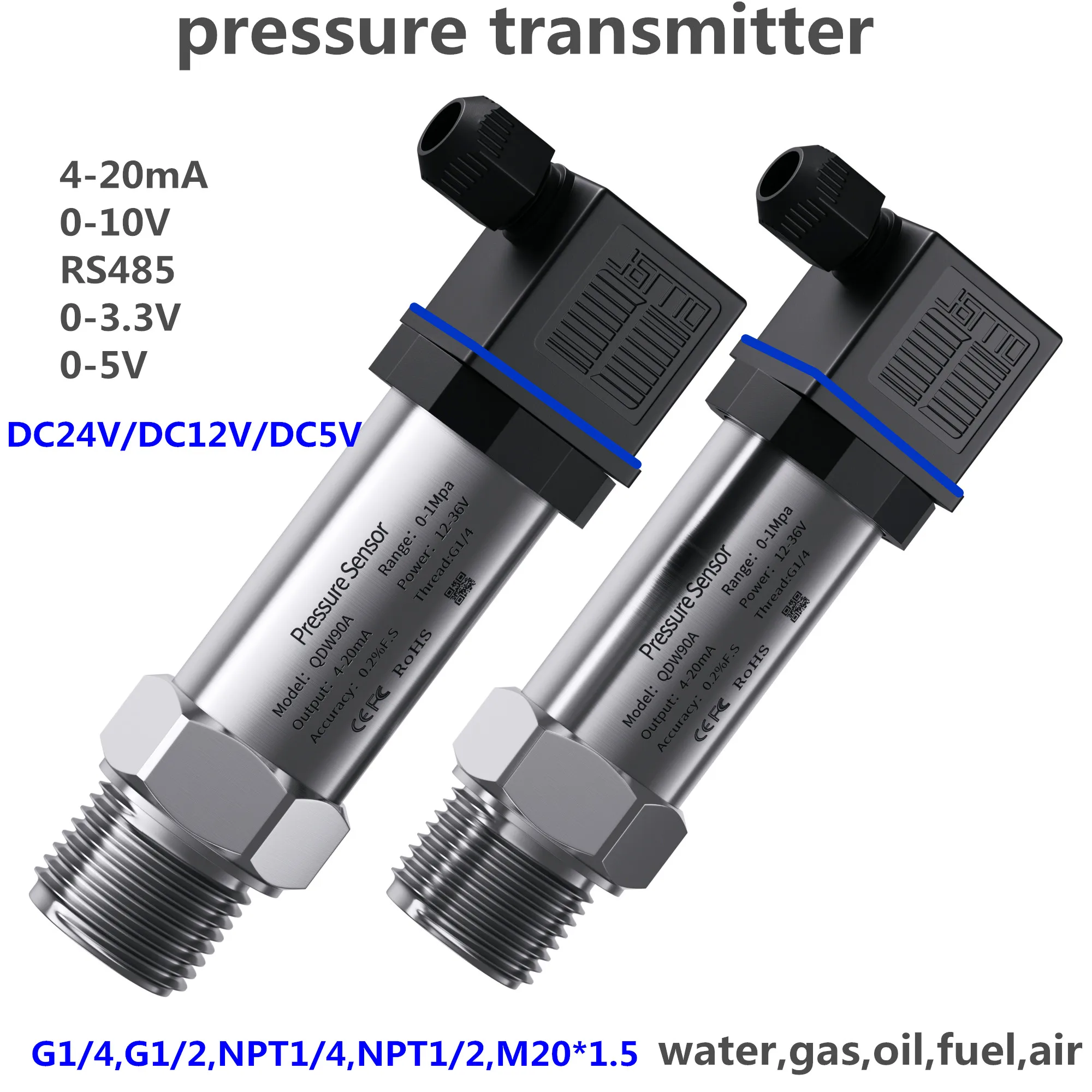 

Pressure Sensor 1bar 10bar 1Mpa 0.6Mpa 20kpa Transmitter Water Gas Oil Liquid 4-20mA 0-3.3V RS485 Output sensor