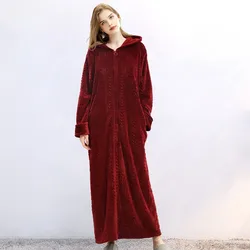 Couple Hooded Nightgown Autumn Winter Zipper Bathrobe Warm Sleepwear Puffed Pajamas Flannel Ladies' Long Nightdress Solid Color