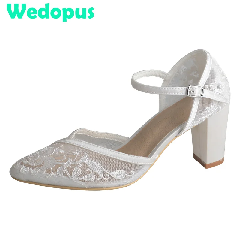 Wedopus Customized Block Heel Bridal Wedding Shoes with Embroidery Mary Jane Ladies Heels for Wedding