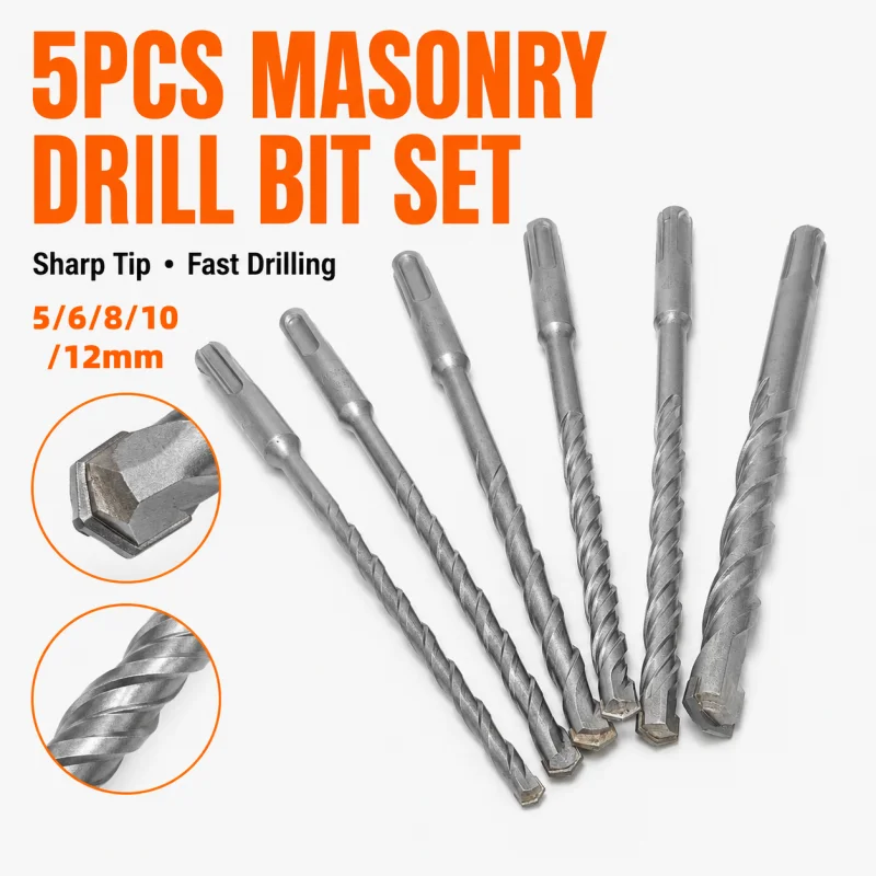 SDS-Plus Rotary Hammer Drill Bits 5PCS Deep Spiral Flute Masonry Bits for Stone Concrete Block