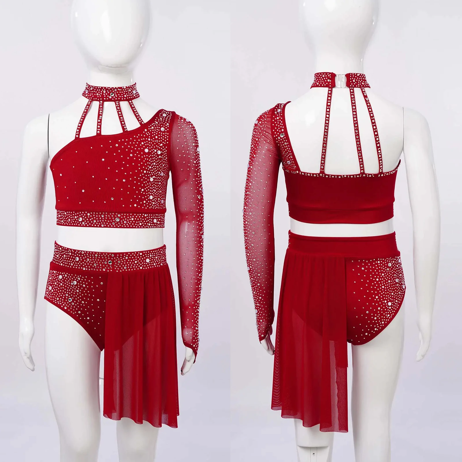 Kids Girls 2Pcs Ballet Dance Sets Performance Costume Rhinestones Gymnastics Jersey One Shoulder Crop Top with Irregular Skirt image 2