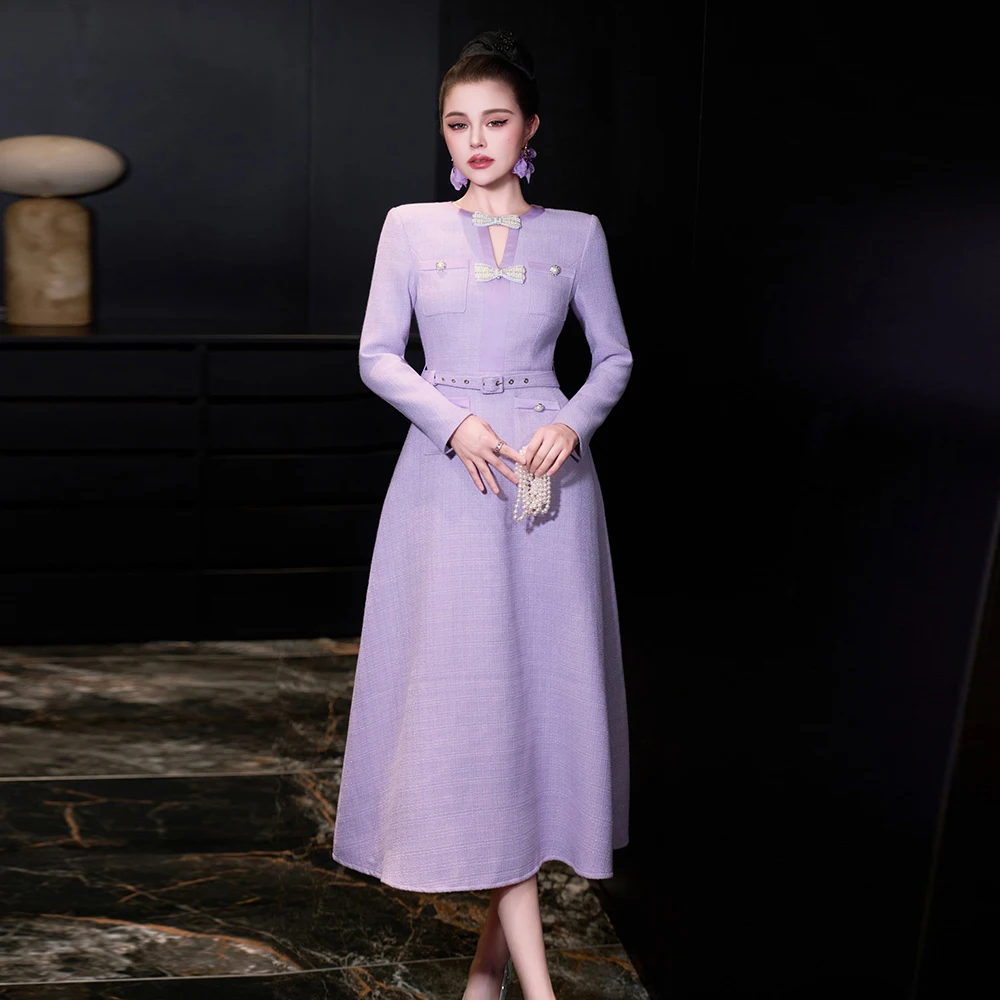 

ZJYT подиумное модное новое женское осеннее платье с длинным рукавом, элегантное фиолетовое миди с бантом, праздничные вечерние платья, женская одежда, Vestido