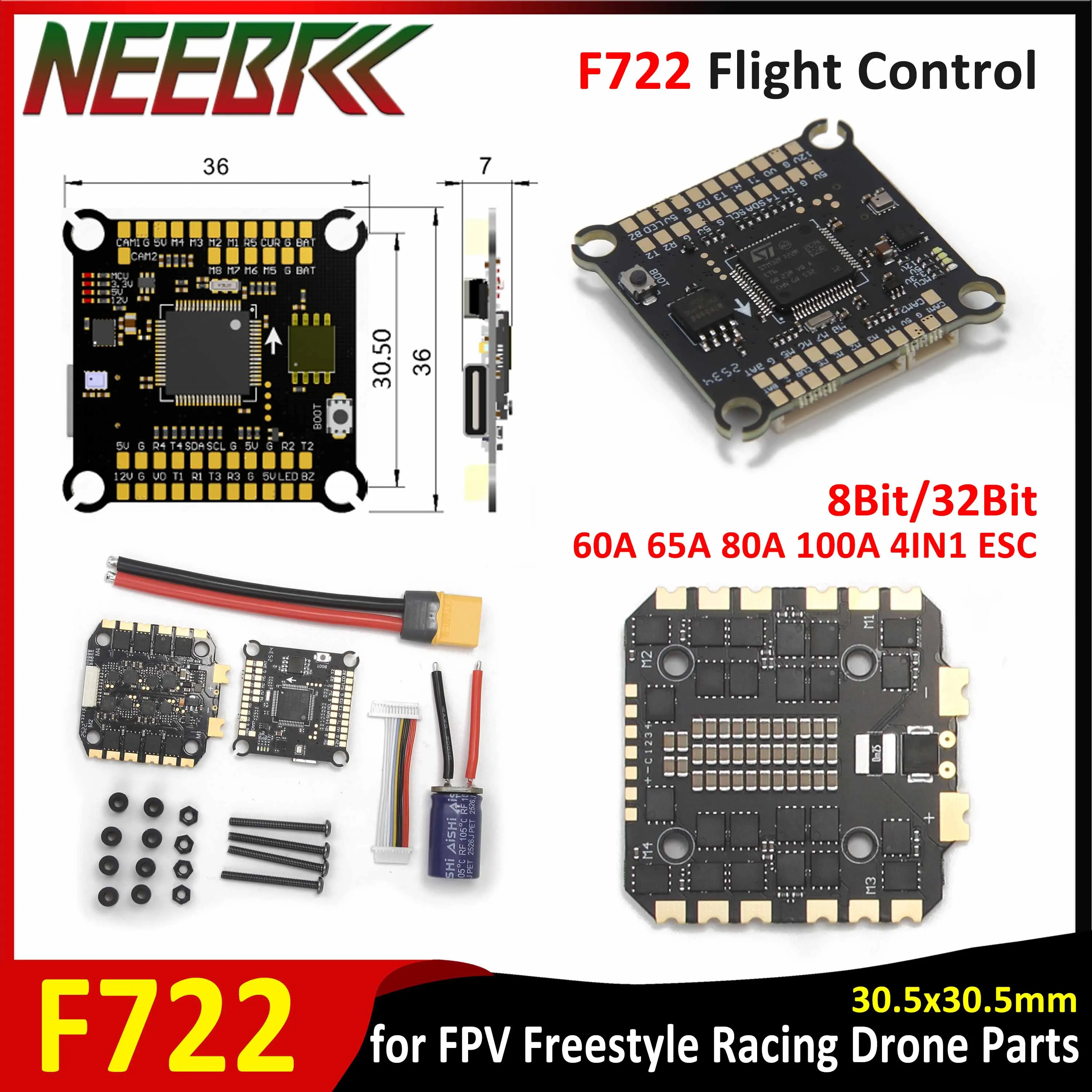 

NEEBRC F722 Stack F722 Управление полетом FC 3-8S 8/32 бит 60A 65A 80A 100A 4IN1 ESC 30,5x30,5 мм для деталей FPV Freestyle Racing Drone