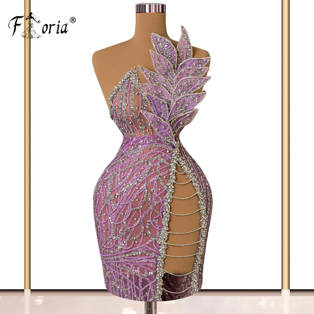 One Shoulder Pink Sparkly Short Cocktail Dress Crystal Leaf Appliques Tassel Mini Prom Dresses Dubai Woman Mermaid Evening Party