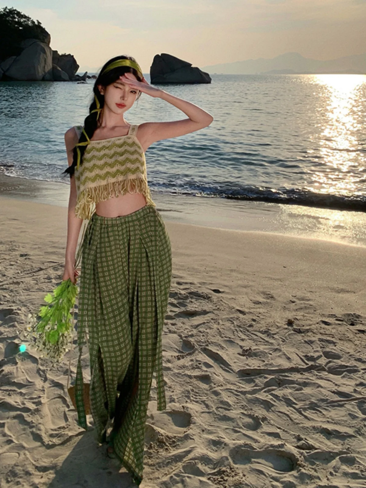 Original Real Shot Seaside Yunnan Travel Holiday Sle Pants Split Chiffon Loose Pants Elastic Waistband Mop Trousers