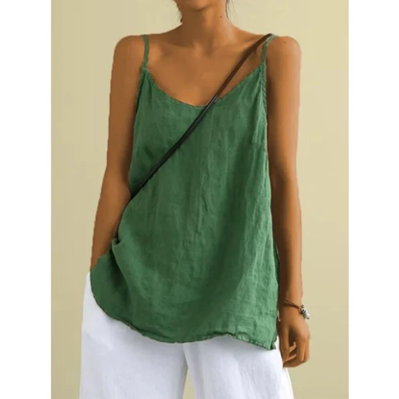 Damen Sommer-Top aus Baumwolle und Leinen, Spaghettiträger-Top, Damen Neckholder mit V-Ausschnitt, Einfarbiges Ärmelloses Tanktop, Locker Sitzendes Casual-Cami – Detail 7