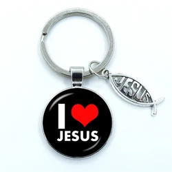 I Love Jesus Symbol Fashion Keychain Holder Handmade Heart Key Chain Glass Cabochon Alloy Pendant Car Key Ring Religion Jewelry