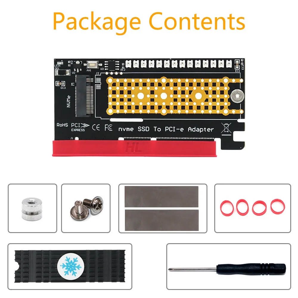 M.2 nvme SSD to PCI-E 4X/8X/16X adapter with black aluminum heatsink and 3528 Colorful flash LED
