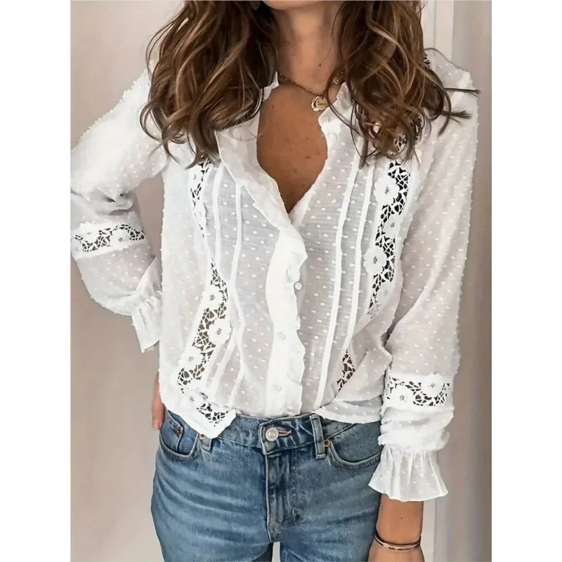 

Long Sleeve Button Ruffles Shirts Tops Lady Casual Holiday Clothes Fashion White Lace Shirt For Women Sexy Hook Flower Hollow