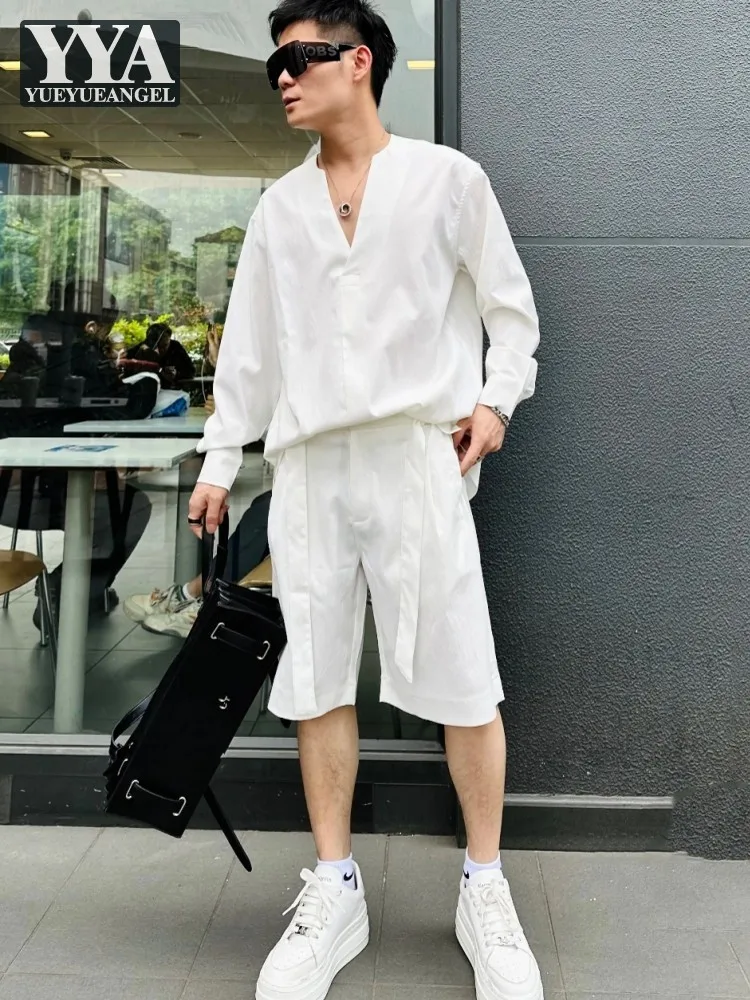 Summer Mens Fashion Two Piece Set Long Sleeve V Neck Tops Knee Length Shorts Matching Sets Casual Loose Fit Streetwear Outfits