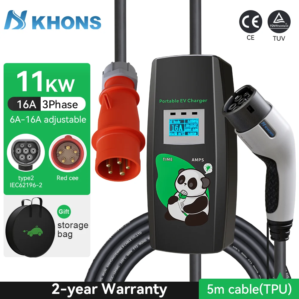 Khons 11KW 16A EV cargador portátil Type2 EVSE caja de carga cargador de coche eléctrico trifásico IP65 Cable de 5m