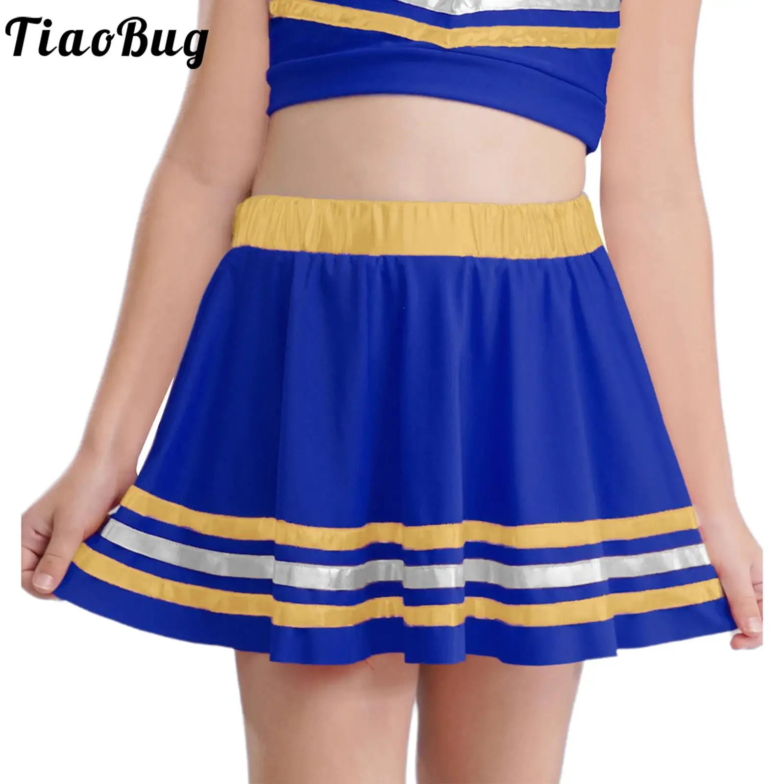Children Girls Jazz Dance Pleated Mini Skirts Elastic Waistband Metallic Striped Hem Scooter Skirt for Cheerleading Gymnastics