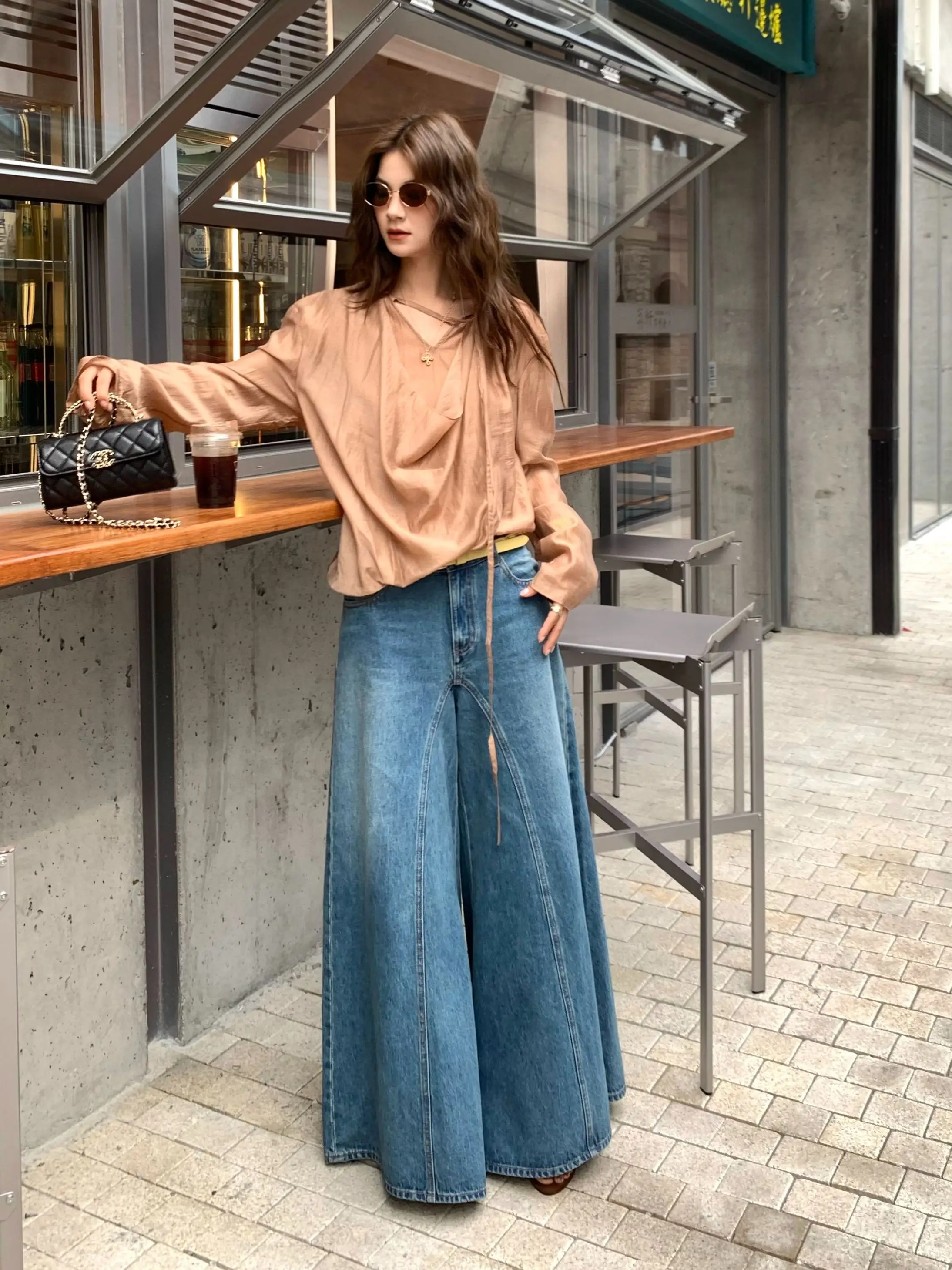 

Женские летние джинсы с высокой талией и широкими штанинами в стиле ретро, новые повседневные свободные посадки с 3D разрезами и разрезами