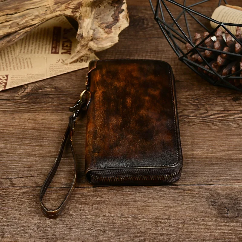 Vintage Men's Leather Clutch Zipper Wallet for Casual Card and Coin