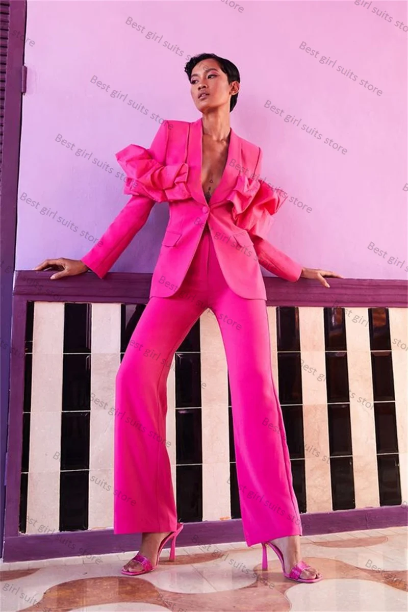 

Hot Pink Women Suit Pants Set 2 Piece Blazer+Trousers Formal Office Lady Jacket Decorative Strap Wedding Prom Coat Tailored