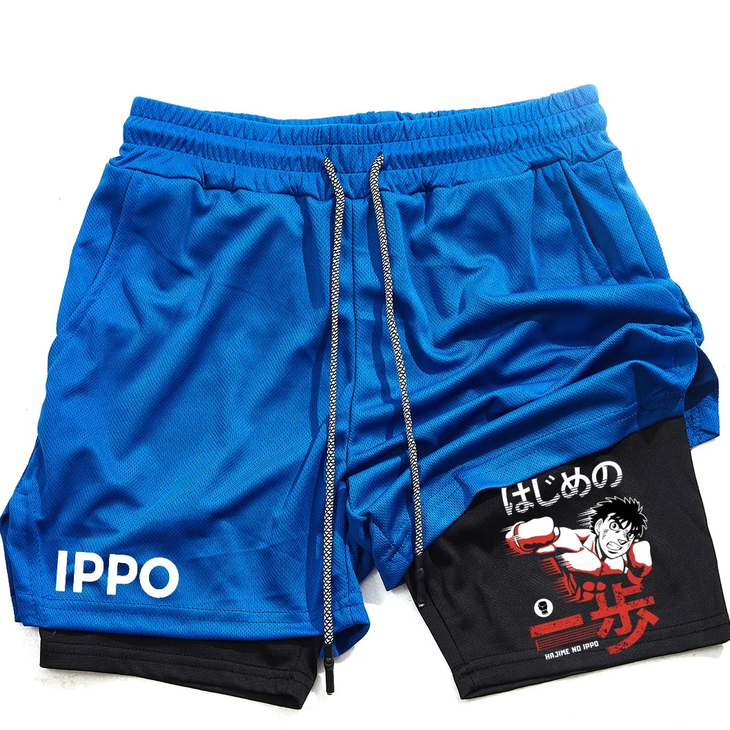 Anime IPPO Print 2 in 1 Compression Shorts for Men Athletic Performance Gym Shorts with Pockets Quick Dry Fitness Workout Boxing