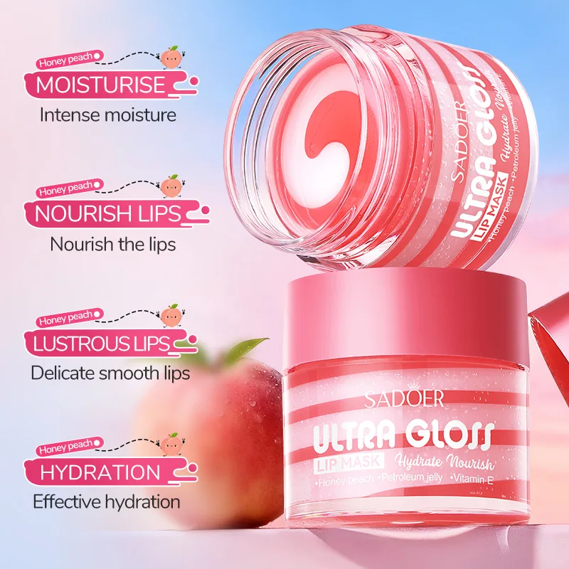 SADOER Ultra Gloss Lip Mask Honey Peach 24H Hydrate Nourish Petroleum Jelly Vitamin E Improve Lip Peeling Dry Cracked Lips