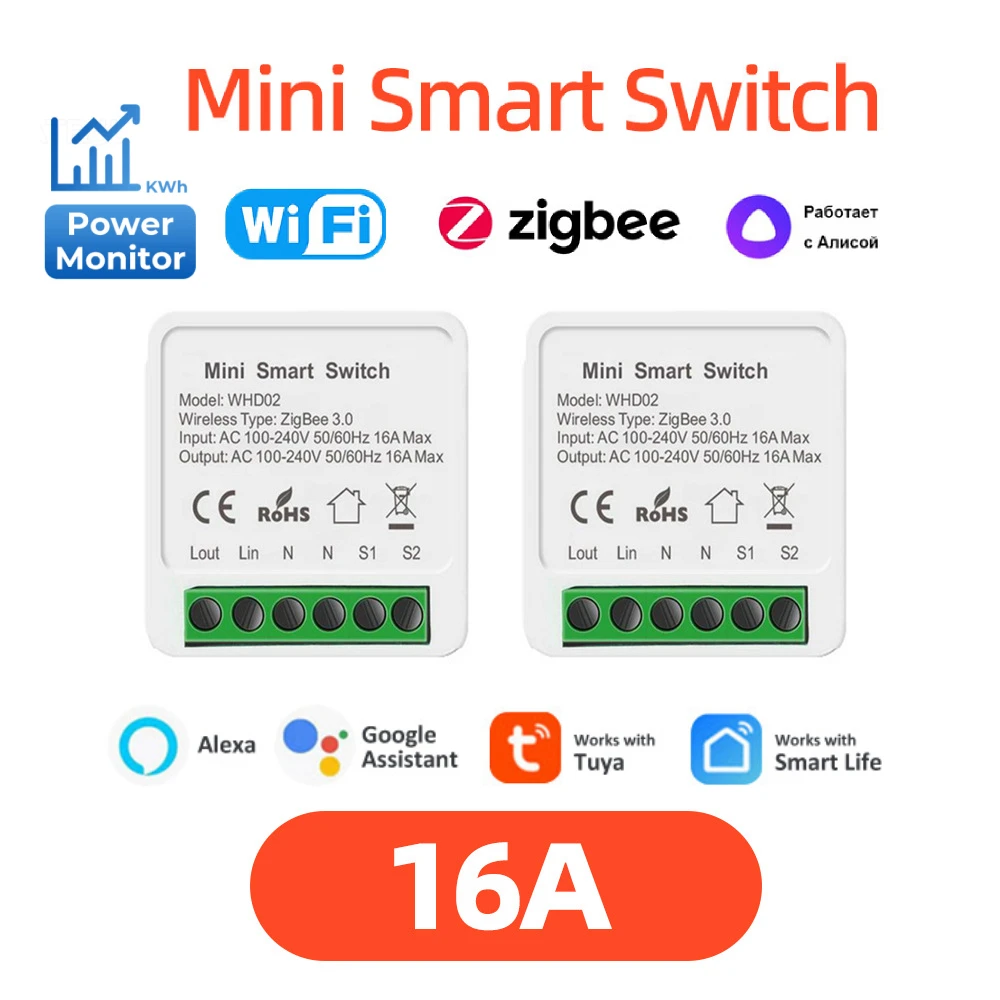 1 PCS Tuya ZigBee WiFi Smart Switch with Power Monitor 16A DIY Relay Voice Control Smart Home Automation for Alexa Google Alice