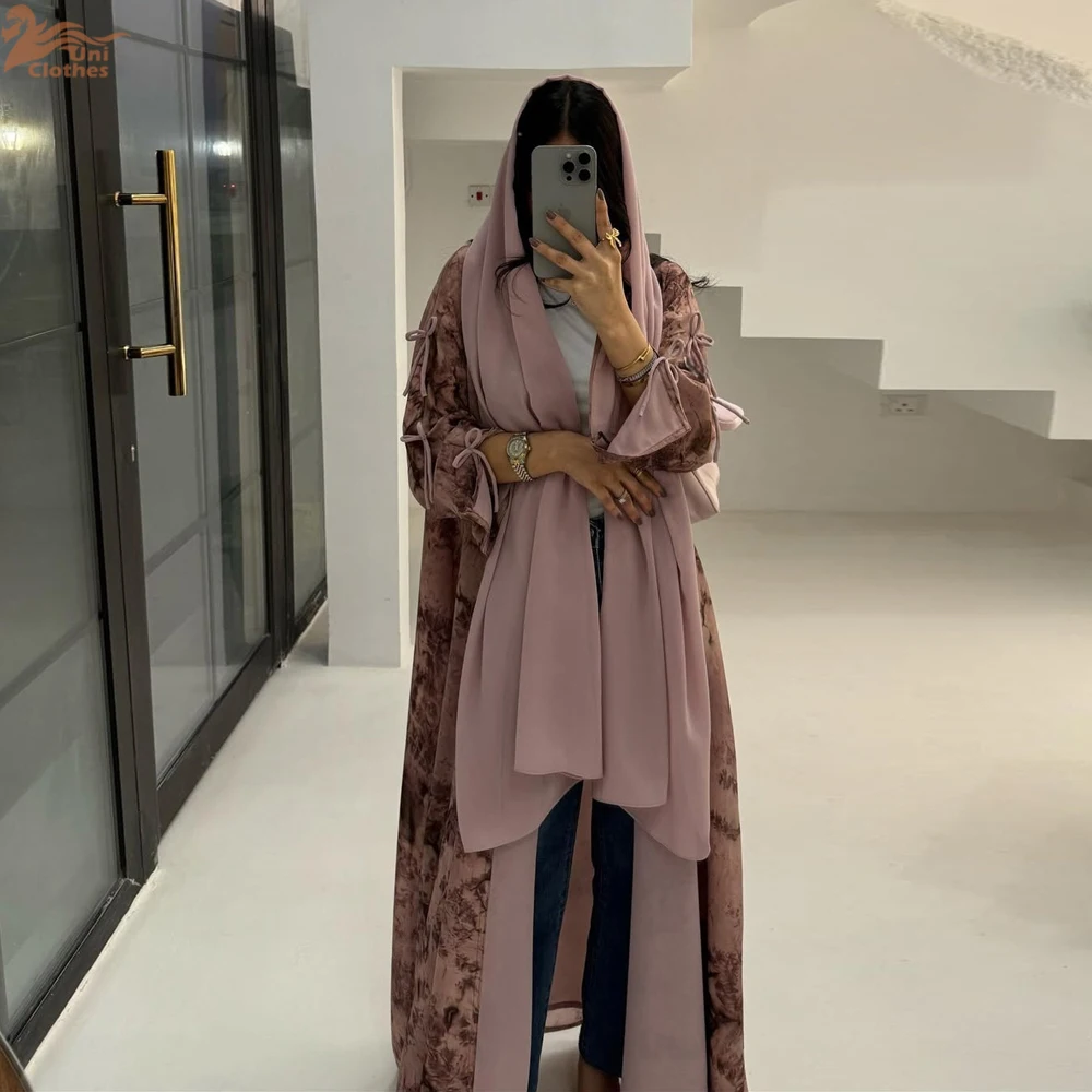 

Ramadan Eid Tie Dye Butterfly Bow Muslim Modest Kimono Abaya Damen Dubai Luxury Islam Women Kebaya With Hijab Kaftan Robe Femme
