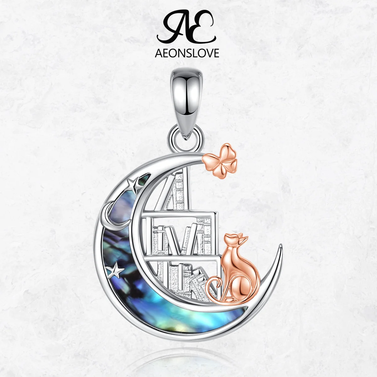 

AEONSLOVE 925 Sterling Silver Moon Cat Necklace Abalone Shell Bookshelf Butterfly Pendant Witch Jewelry Gift for Women Girls