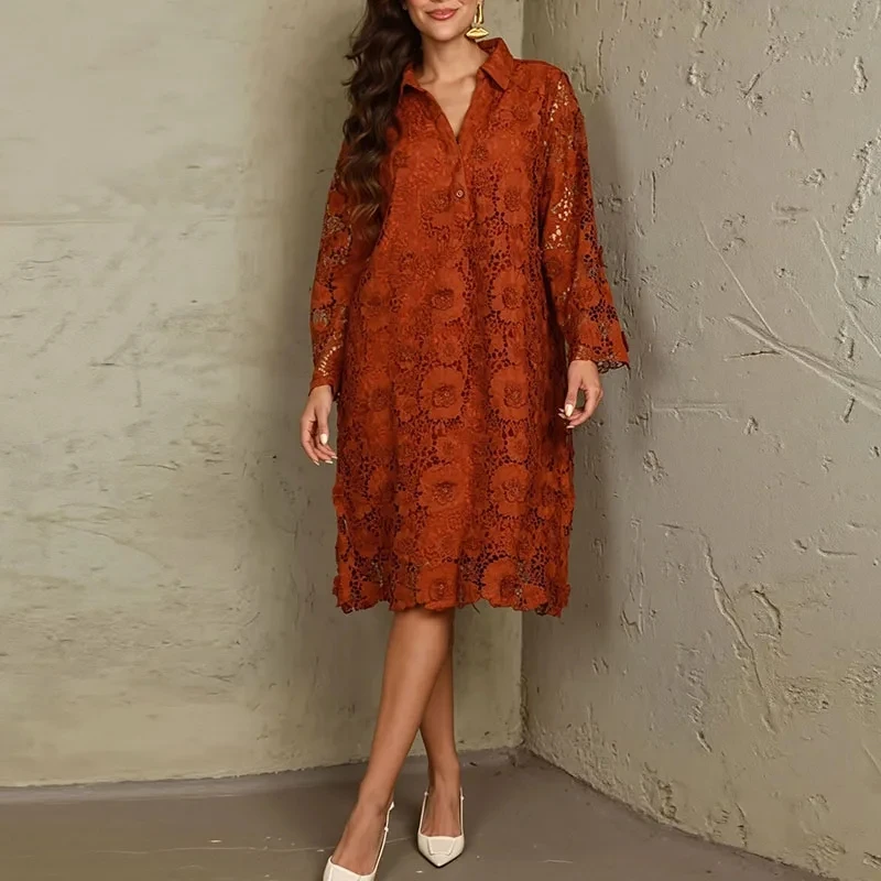 Elegant Lady Pure Color Hollow Out Midi Dress Spring Summer New Loose Commute A-line Dresses Vintage Lace Embroidery Lapel Dress
