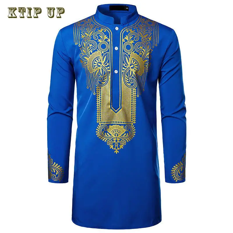 Men\'s Islamic Arabic Abaya Robe Ethnic Print Stand Collar Youth Mid-length Shirt Luxury Coat Casual Fashion Muslim Men Clothing