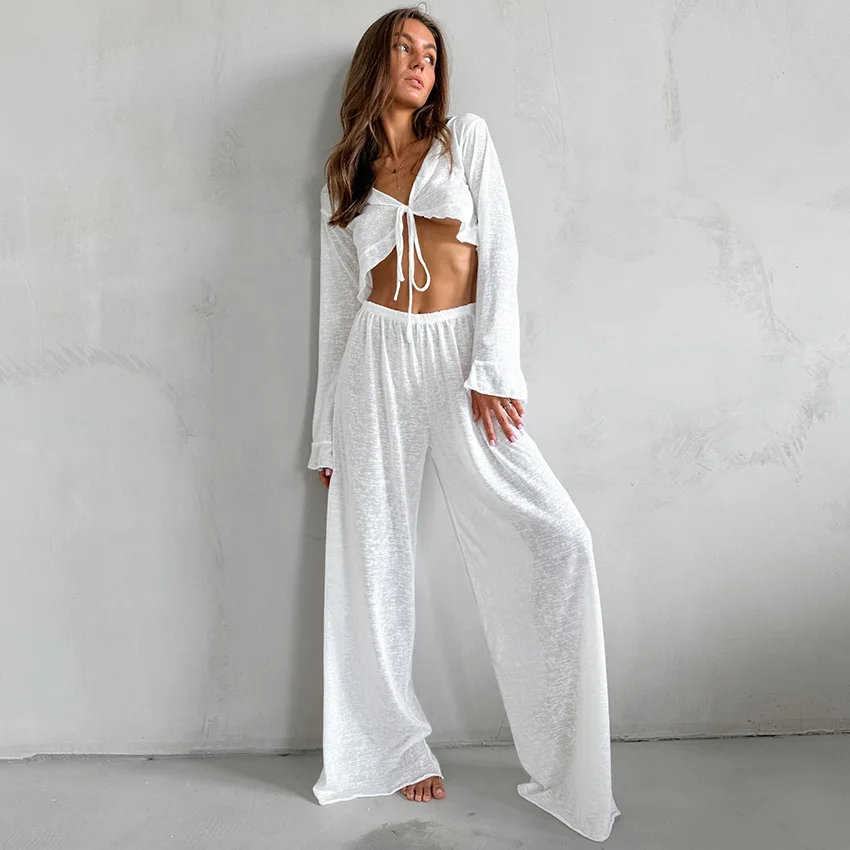 Sexy V-Neck Knitted Thin Trousers Pajamas Women Casual Lace-Up Crop Tops With Loose Long Pants Sleepwears White Suits 2026