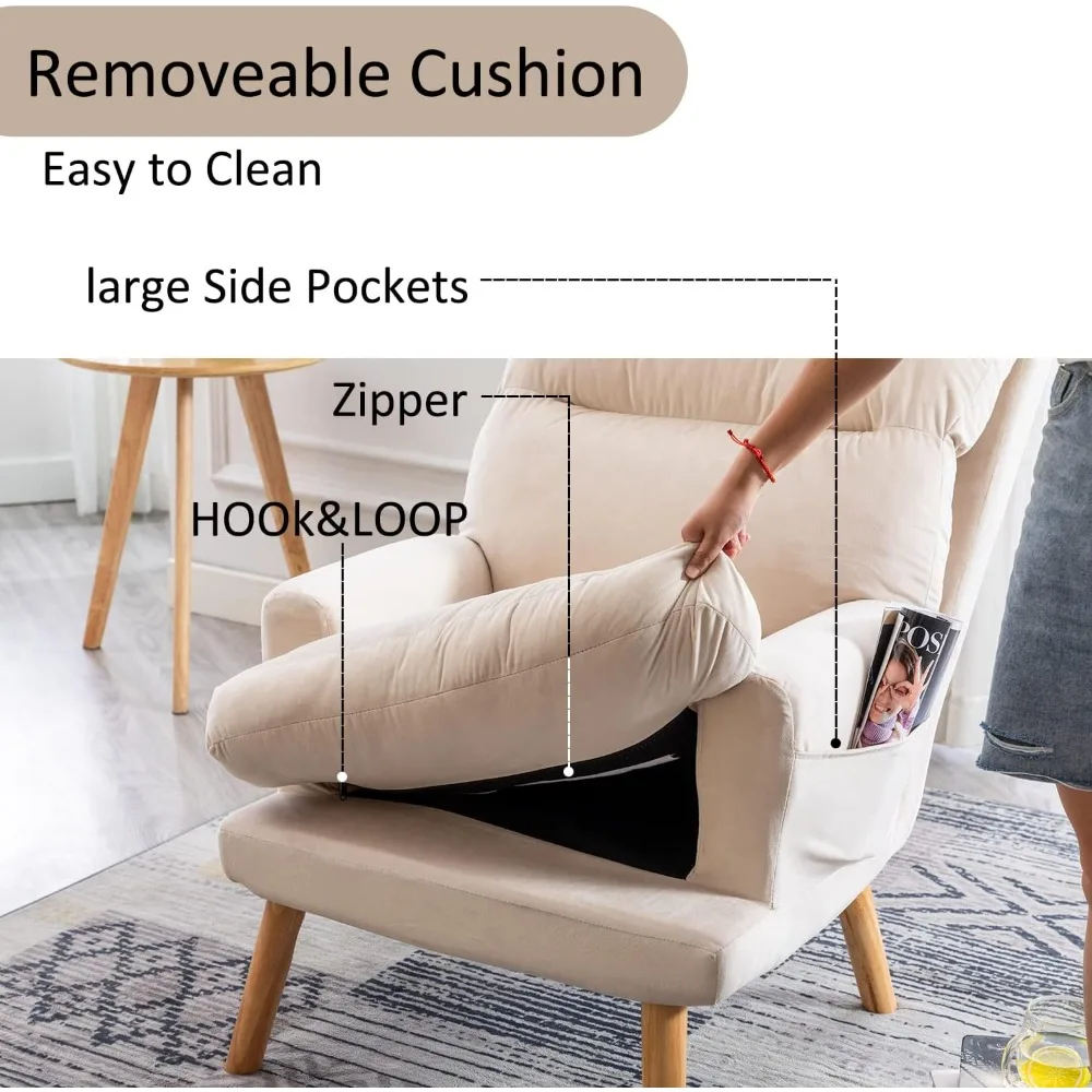 Sedia moderna in velluto di metà secolo con pouf, adatta per camera da letto o soggiorno