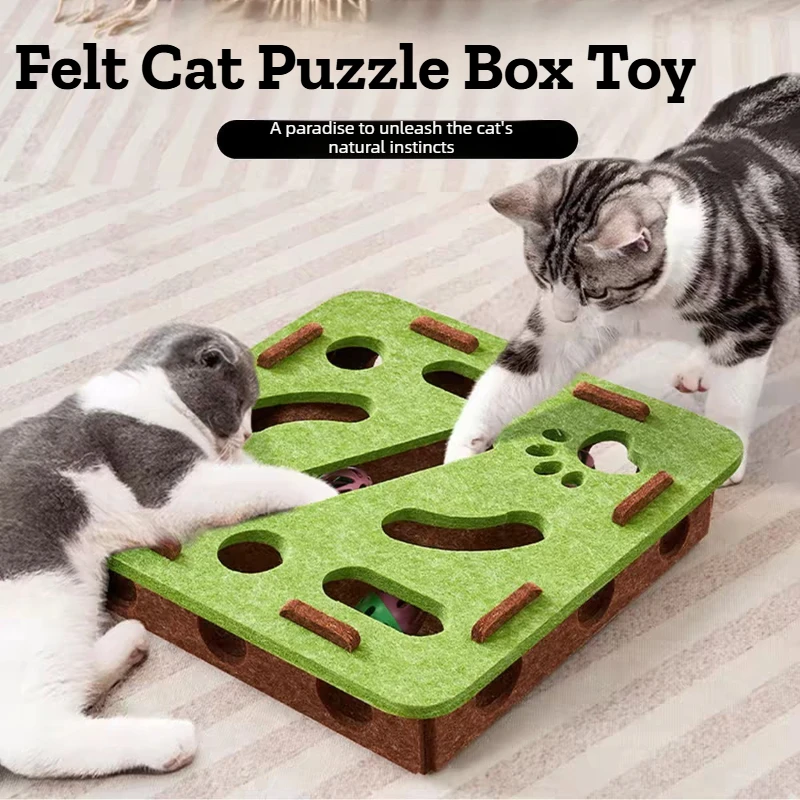 

Felt Box Cat Puzzle Toy with Bell Ball Dogs Cats Interactive Hide Seek Maze Toy Indoor Sports Entertainment Hunting Kitten Toys