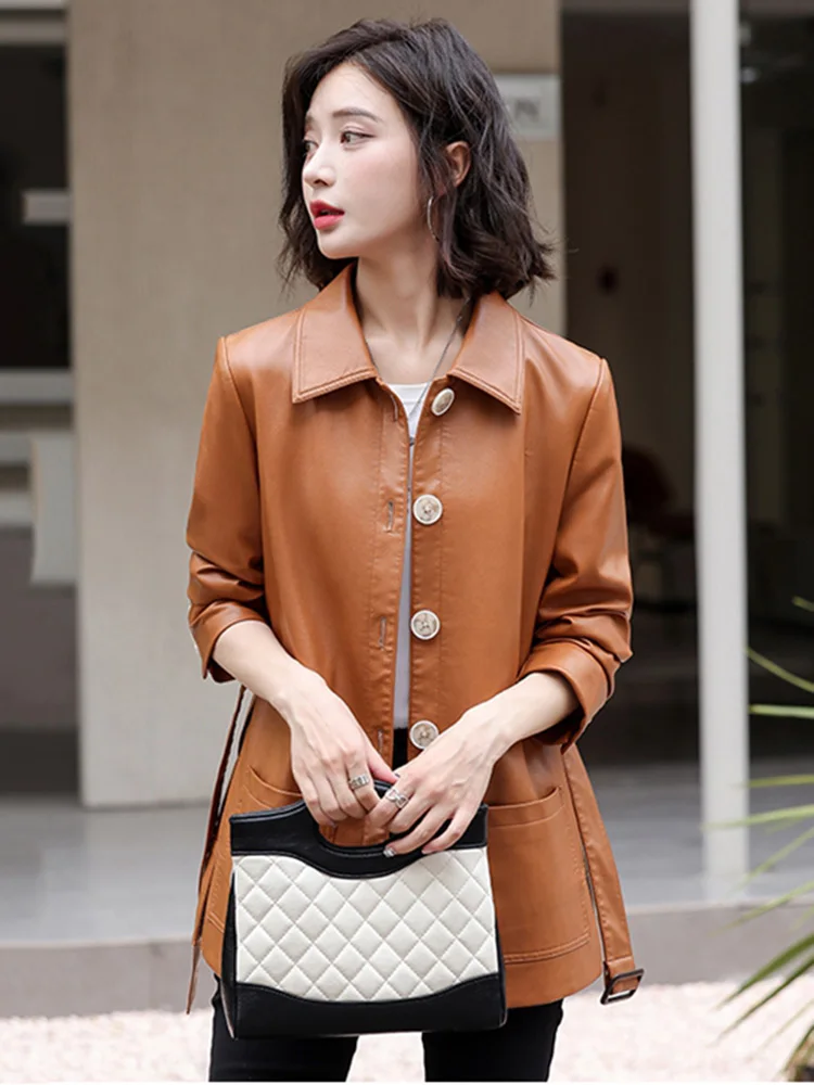 New Women Spring Autumn Leather Coat Fashion Turn-down Collar Single Breasted Slim Jacket Split Leather Casual Outerwear