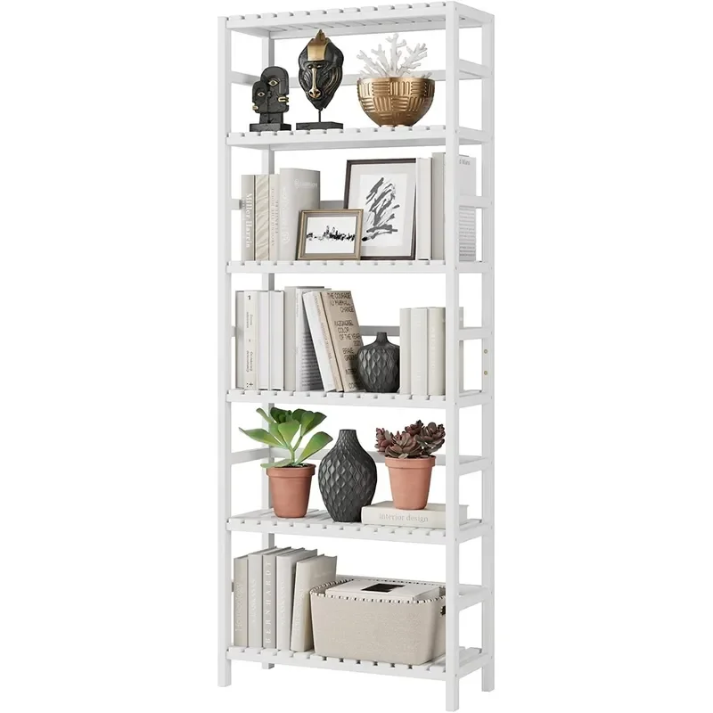 6 Layer Bamboo Bookshelf Adjustable Storage Rack Independent High Shelf Organizer for Home Office Living Room Furniture