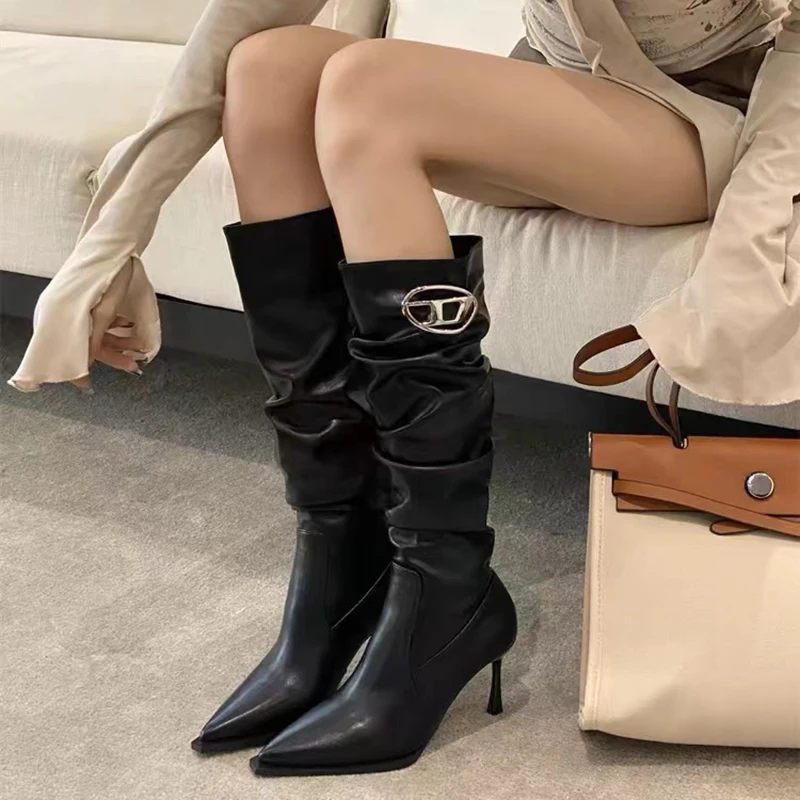 Sexy Winter Women High Boots Fashion Pointed Pleated Stiletto Heel Long Boots Ladies Elegant High Boots Shoes Botas De Mujer