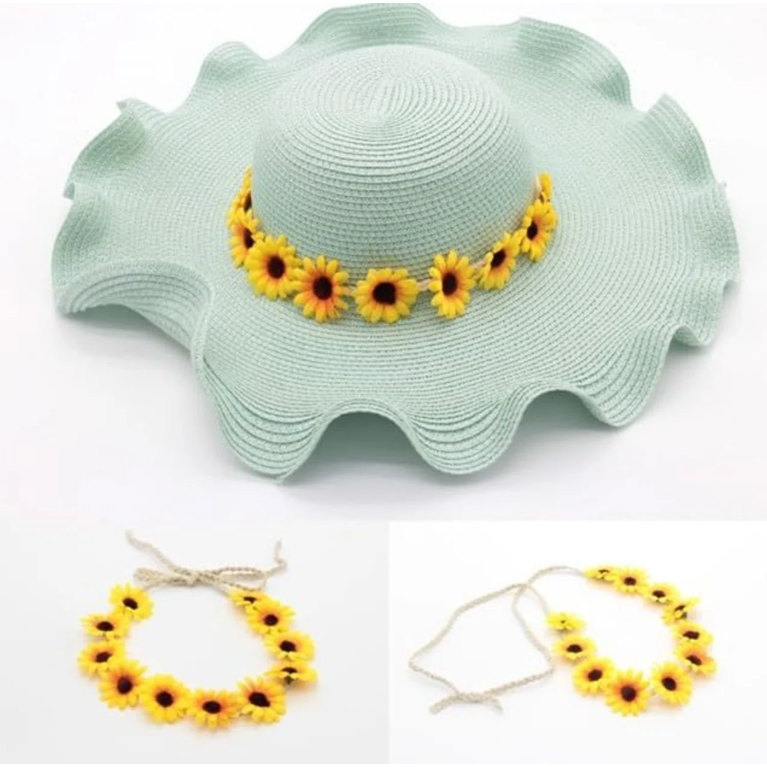 2Pcs Yellow+White Fashion Flower Headband Sunflower Hair Wreath Festival Hair Band Bridal Headpiece,Hair Accessories,Womens Fas