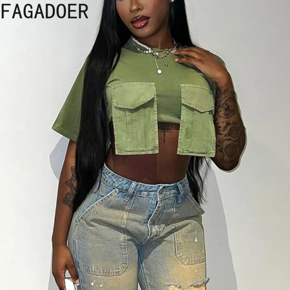 

FAGADOER Summer New Pocket Cargo Crop Top Women Round Neck Short Sleeve Slim Tshirts Fashion Female Solid Color Trend Streetwear