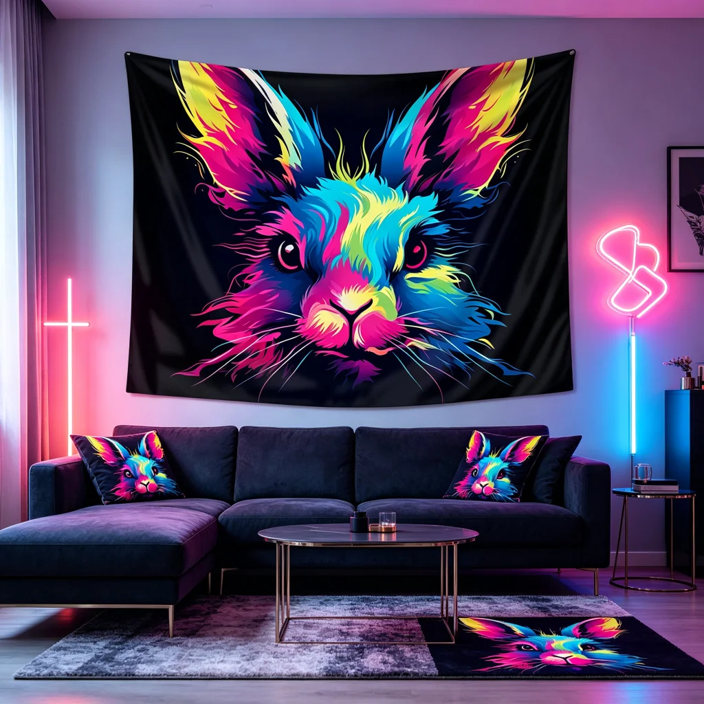 1PC Colorful Neon Rabbit Head Print Backdrop Banner, Bedroom Living Room Photo Background, Polyester, Home Decor, Wall Art