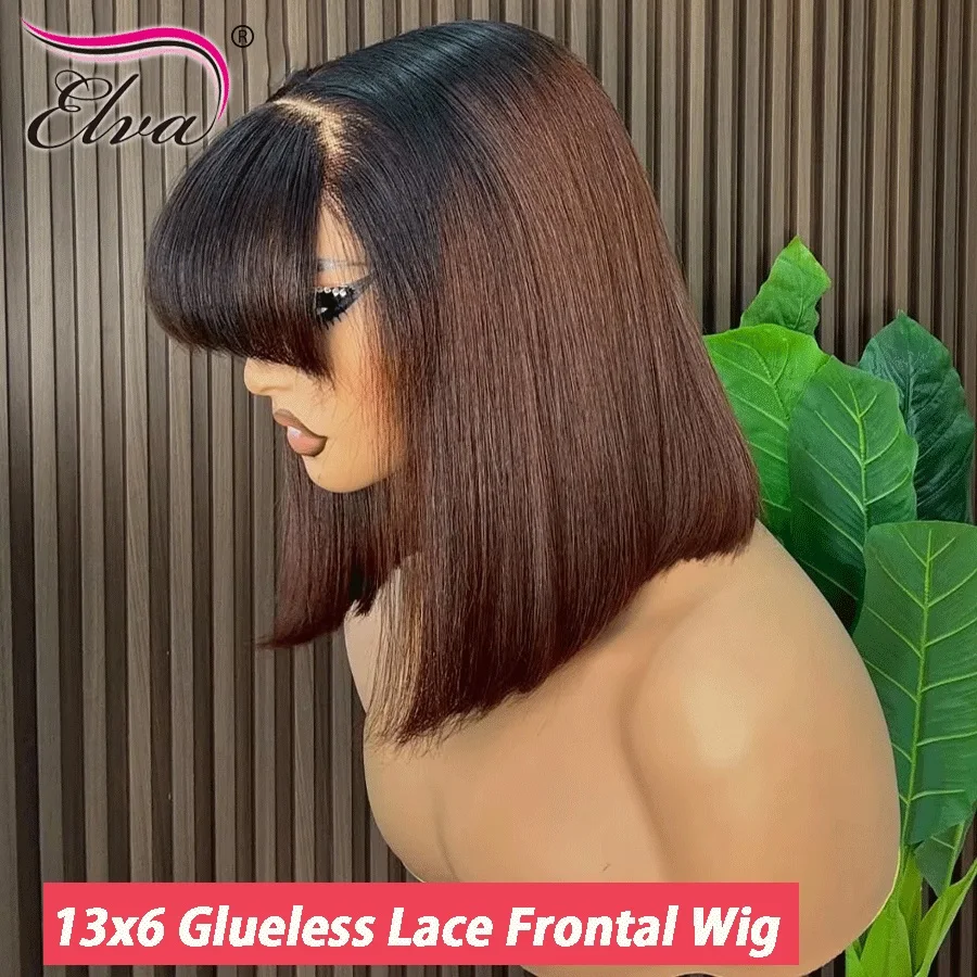 

Elva Hair Ombre 1b 4 Colored Bone Straight 13X6 Transparent Lace Frontal Human Hair Glueless Bob Wigs With Bangs Ready To Wear
