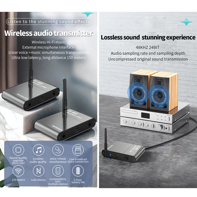 Adaptador de áudio sem fio conversor divisor de áudio 150m 2.4ghz áudio sem fio mircrophone transmissor receptor extensor de áudio rx/tx