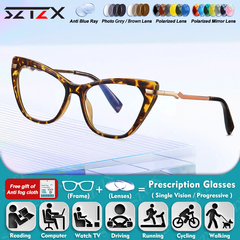 

SZTZX Personalized Cat Eye Women Myopia Computer Prescription Glasses Anti Blue Ray Progressive Photochromic Optical Eyeglasses