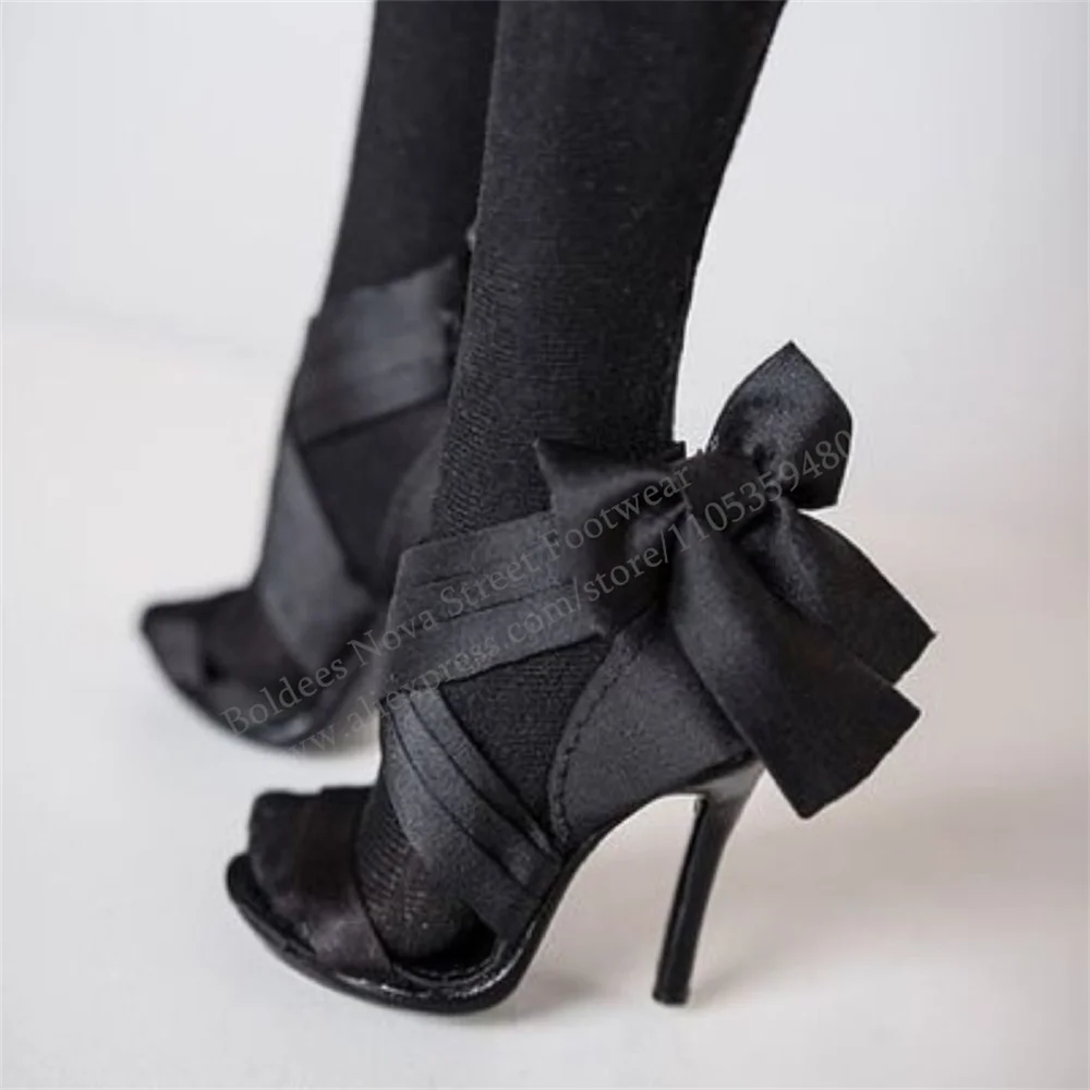 

Black Satin Strappy High Heel Sandals Ladies Sexy Open Toe Stilettos Summer New Solid Color Elegant Back Bow Decor Shoes
