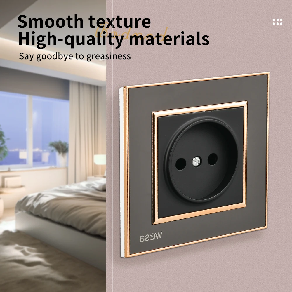 WESA EU Standard Mirror Acrylic Wall Socket Black Flame Retardant Panel Power Socket 16A Electrical Outlet No Standard Ground