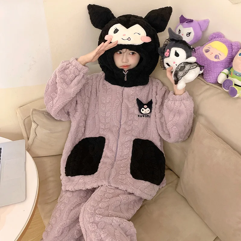 Kawaii Sanrio My Melody Cinnamoroll Kuromi Flannel Hooded Zip-Up Pajama Set Warm, Cute, Loose and Comfortable Home Clothes