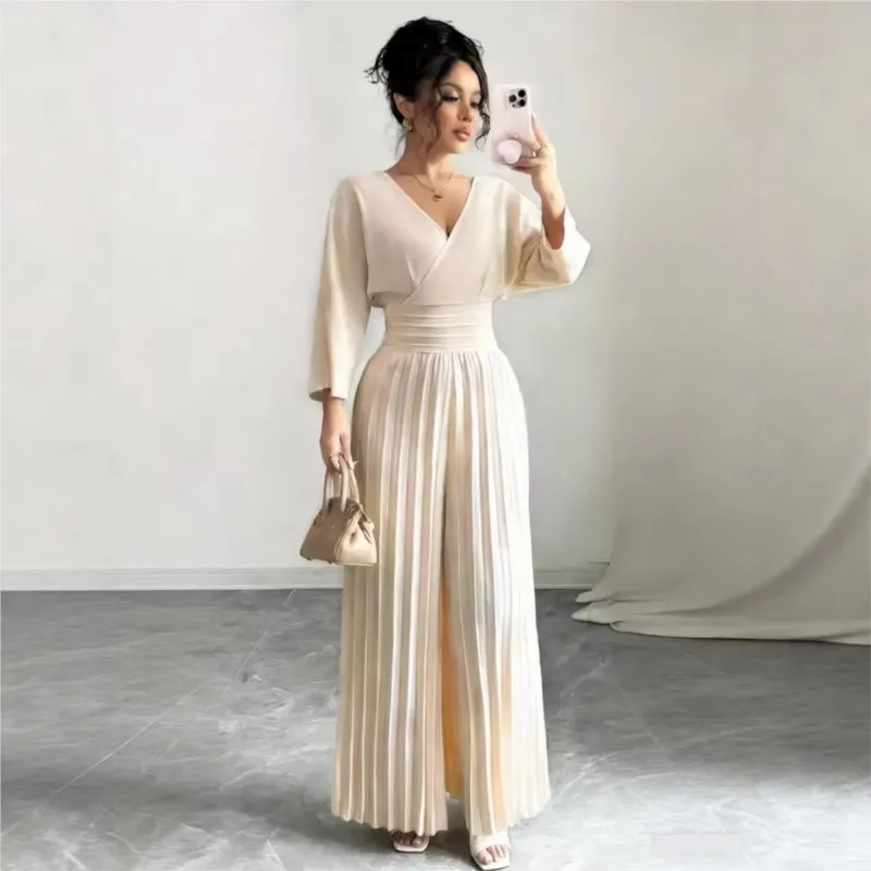 

Elegant Fashion High-waist Jumpsuit 2026 Spring Slim Waist V-Neck Pleated Solid color Wide Leg Jumpsuit Female Office Lady