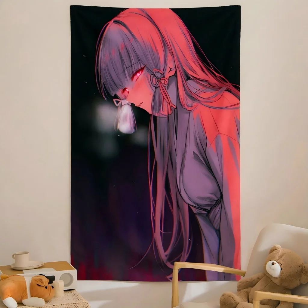 Yandere Anime Girl Wall Tapestry Long Hair Glowing Red Eyes Neon Red Purple Dark Manga Art Wall Hanging Dorm Bedroom Aesthetic