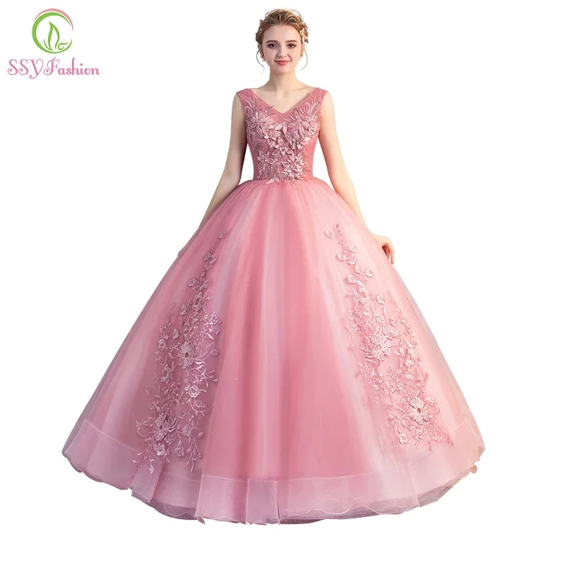 

SSYFashion New Pink Evening Dress Sweet Lace Appliques Beading Floor-length V-neck Sleeveless Party Gown Custom Formal Dresses