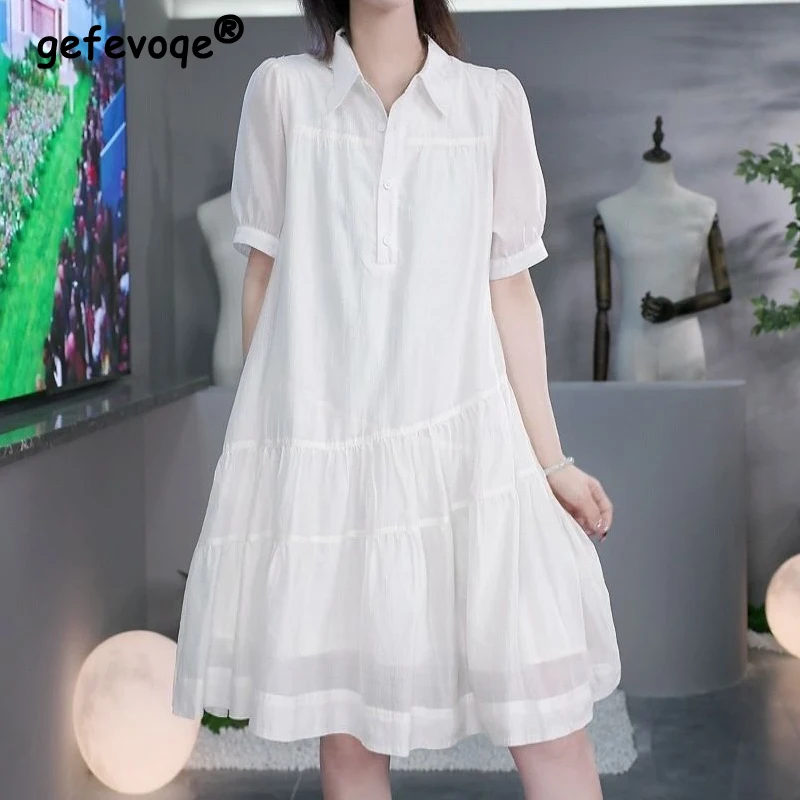 Women's Clothing 2023 Summer Trendy Pleated Simple Casual Shirt Dresses Solid Loose Short Sleeve Streetwear Midi Dress Vestidos